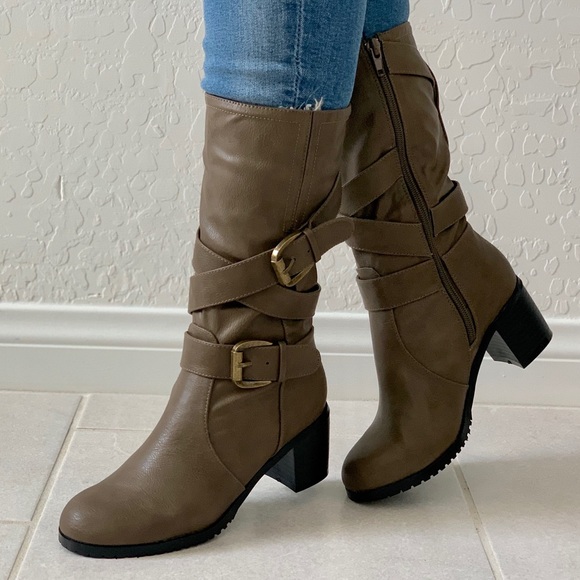 Boutique Shoes - NIB Kitten Chunky Heel Buckle Wrap Mid Calf Boots
